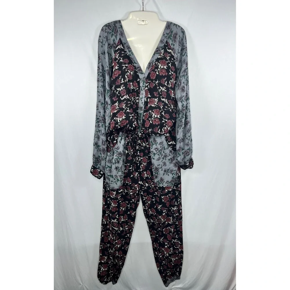 Free People Floral Jumpsuit Long Sleeve Drawstring Waist Casual Size S‎